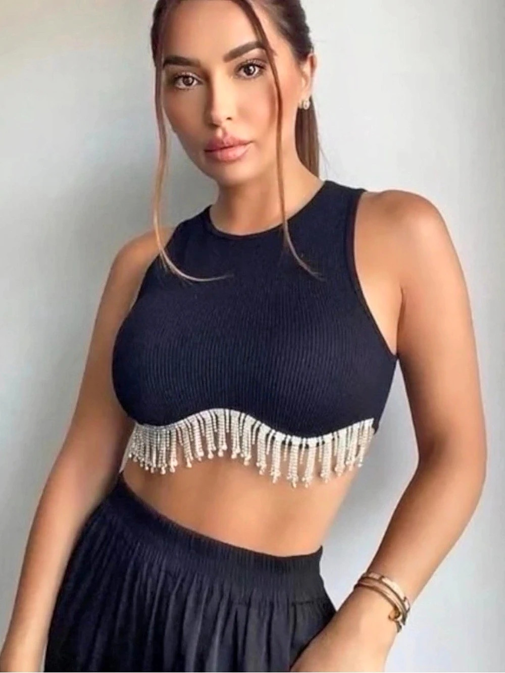 Zara Limitless Contour Rhinestone Fringe Crop Top Black
